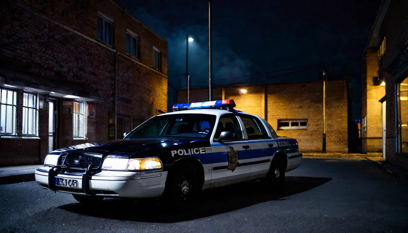 first person view, outside the police station, parked police car, dark night, tense atmosphere, no people in the place