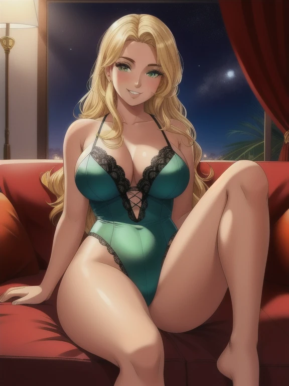 1 girl, 36yo young sexy seductive American woman, long blonde hair woman, detailed face, bright green eyes with eyelashes, tan-olive skin, Detailed background, depth of fields, Full-body angle of view, Sitting on the couch with your knees, private classy bedroom at night time, slim curvy sexy body, one piece transparant bedtime green lingerie, onlyfans actress, instagram model, facing front , frontal to camera , midshot, she's looking at the camera with a smug and kinky grin