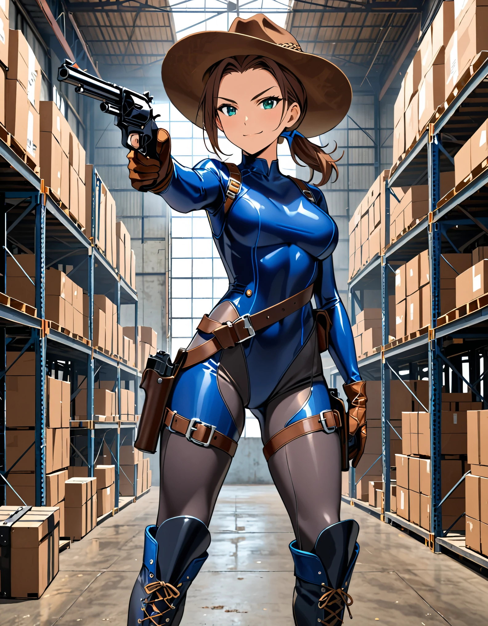 masterpiece, best quality, 1lady, solo, solo focus, (tall body), hispanic, brown hair, short hair, ponytail, blue-green eyes, medium breasts, beautiful detailed eyes, beautiful detailed face, smirk, ((brown cowboy hat)), (bodysuit, (solid blue bodysuit, leotard, dark blue leotard, skin-tight dark grey leggings), perfect fit), long sleeves, (gloves, dark blue gloves, matching gloves, boots, combat boots, dark blue boots, matching boots), drop-down pistol holster, knee pads)), ((pointing pistol at the viewer, revolver)), full body, cowboy shot, empty warehouse, danger atmosphere.