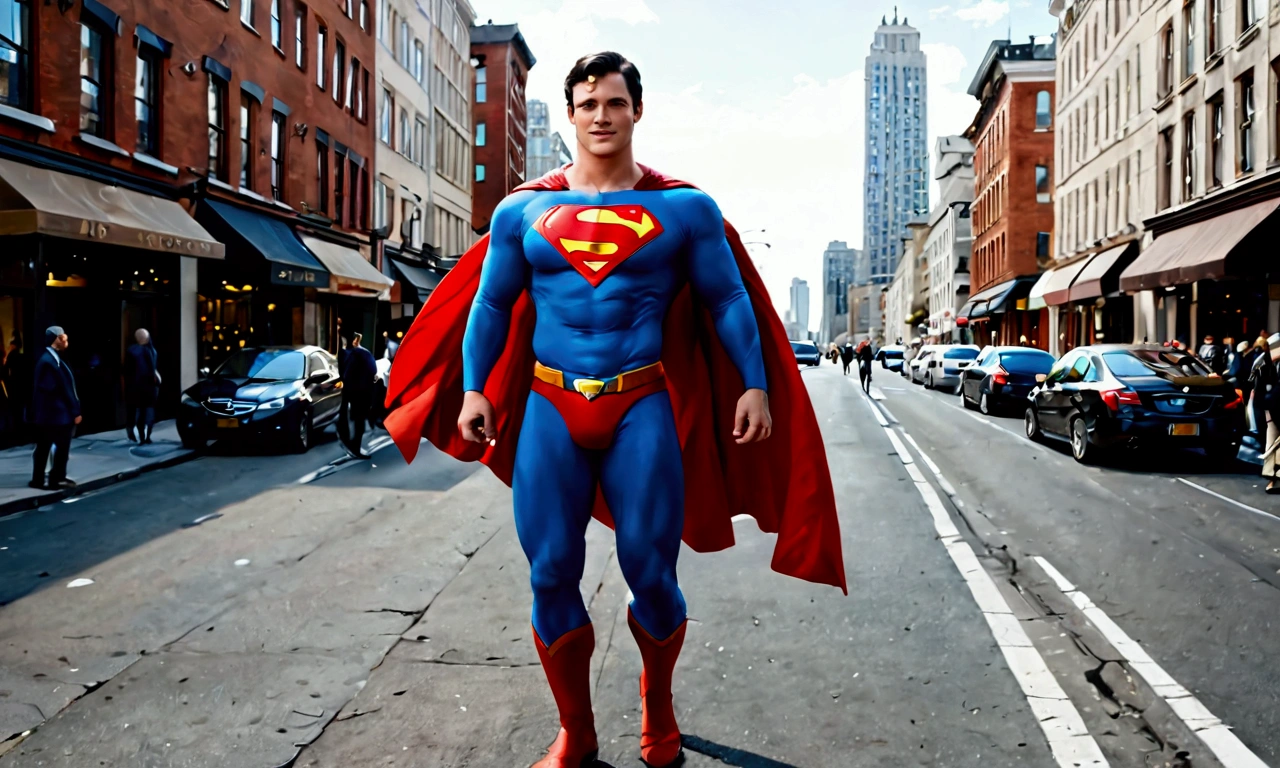 Imagine a scene where Tom Welling, dressed as Superman, is standing on a busy city street. The sun is shining brightly, casting a warm glow on the scene. Tom Welling is wearing the iconic Superman suit, complete with the red cape flowing slightly in the breeze. His dark hair is neatly styled, and he has a broad, friendly smile on his face. He's holding a pen in one hand and a stack of photographs in the other, which he's signing for a large, enthusiastic crowd of fans. The fans, a diverse mix of ages and backgrounds, are excitedly reaching out with their own items to be signed, such as comic books, posters, and memorabilia. Some fans are holding up their phones, capturing the moment with photos and videos. The background is bustling with city life, with tall buildings, street vendors, and other pedestrians going about their day. There's a sense of energy and excitement in the air, as people in the crowd chat and share their excitement about meeting their hero. The overall atmosphere is one of joy and admiration, with Superman bringing a bit of magic to an ordinary day.