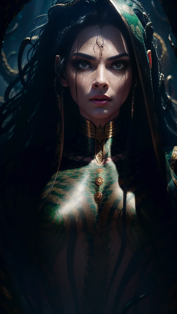 ((best quality)), ((masterpiece)), ((realistic)), Medusa, full body, the hair is composed of countless small snakes, green eyes, female face, metal carved top, royal aura, trend on artstation , sharp focus, studio photo, intricate detail, very detailed, detailed eye, illustration, very detailed, sharp focus, digital render, professional, 4k