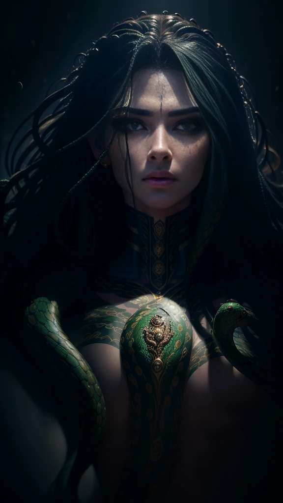((best quality)), ((masterpiece)), ((realistic)), Medusa, full body, the hair is composed of countless small snakes, green eyes, female face, metal carved top, royal aura, trend on artstation , sharp focus, studio photo, intricate detail, very detailed, detailed eye, illustration, very detailed, sharp focus, digital render, professional, 4k