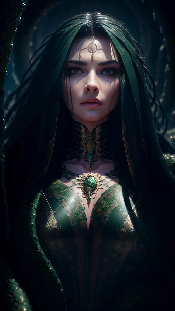 ((best quality)), ((masterpiece)), ((realistic)), Medusa, full body, the hair is composed of countless small snakes, green eyes, female face, metal carved top, royal aura, trend on artstation , sharp focus, studio photo, intricate detail, very detailed, detailed eye, illustration, very detailed, sharp focus, digital render, professional, 4k