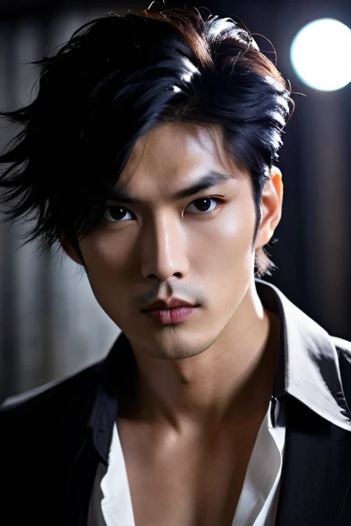 Male, Asian. Hair black to the shoulders. Dramatic image, sexy, bold, rough. Full lips, elongated face, sharp chin. Dark prince, in a white shirt with the buttons on his chest undone. A stern look in his dark eyes.