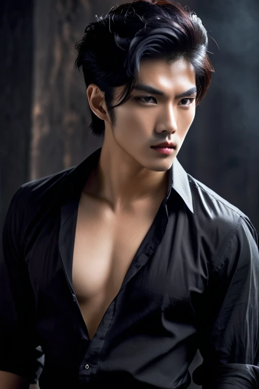 Male, Asian. Hair black to the shoulders. Dramatic image, sexy, bold, rough. Full lips, elongated face, sharp chin. Dark prince, in a white shirt with the buttons on his chest undone. A stern look in his dark eyes.