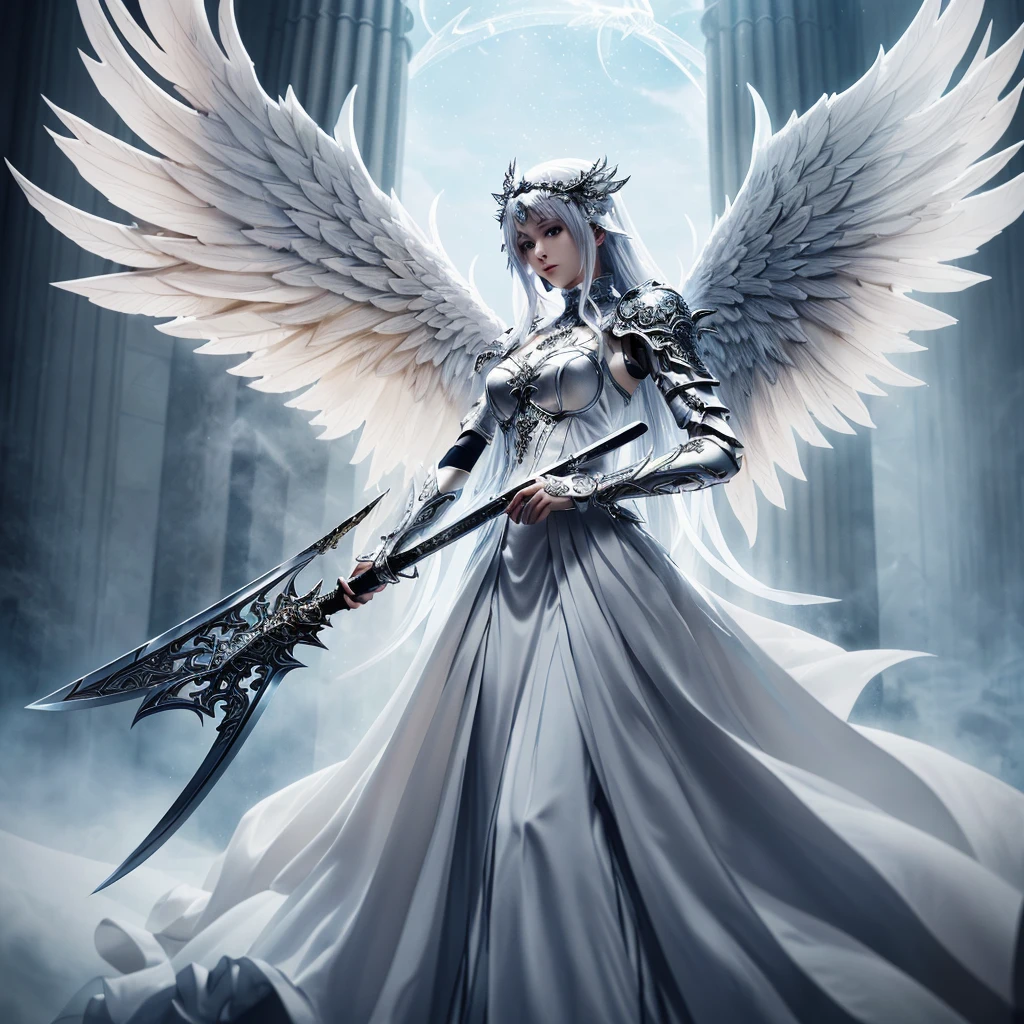 a woman in a white dress holding a sword and a sword, intricate ornate anime cgi style, girl angel knight, anime fantasy artwork, Angel Knight Gothic Girl, 2. 5 d cgi anime fantasy artwork, beautiful fantasy anime, highly detailed fantasy art, epic anime art, detailed fantasy art, elegant cinematic fantasy art, breathtaking fantasy art, epic angel wings, beautiful fantasy art