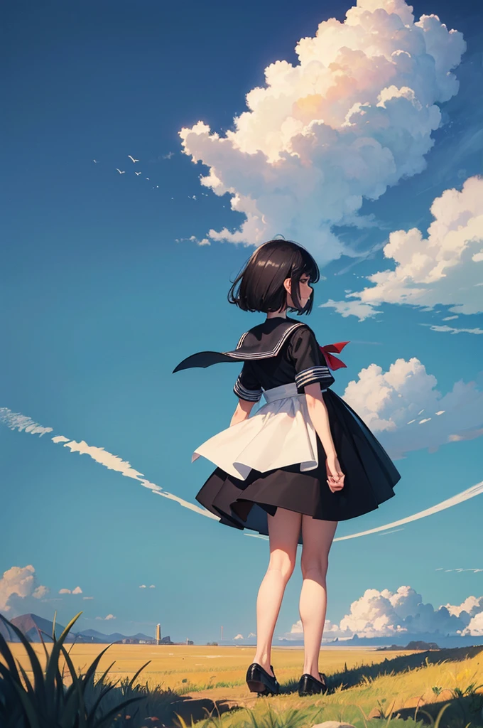 ((Highest quality)), ((masterpiece)), (detailed), One girl,Black Hair,short hair,Sailor suit,blue sky,cumulonimbus,grassland,Back view