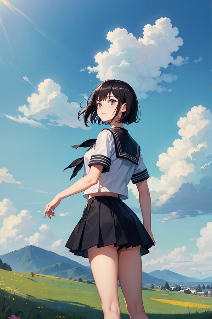 ((Highest quality)), ((masterpiece)), (detailed), One girl,Black Hair,short hair,Sailor suit,blue sky,cumulonimbus,grassland,Back view