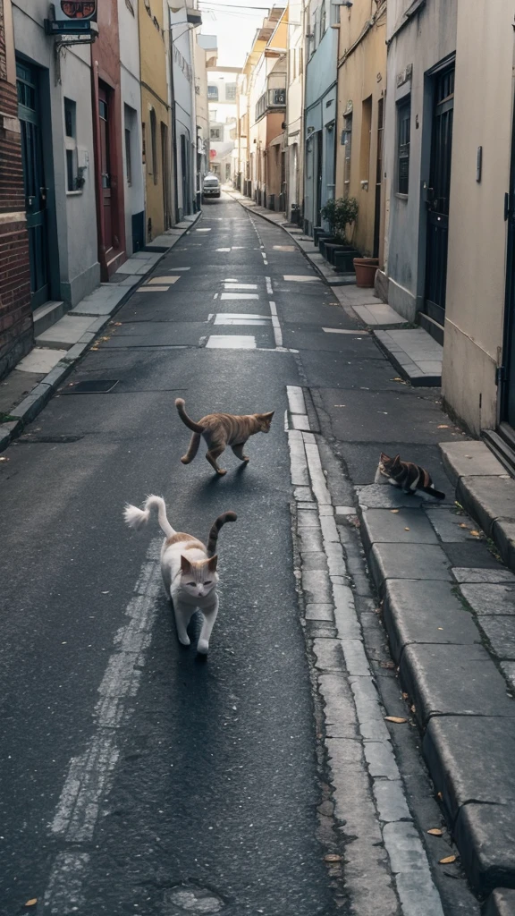 Cat running away from dogs on the street 