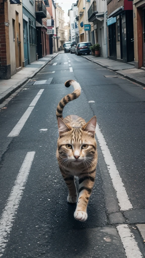 Cat running away from dogs on the street 
