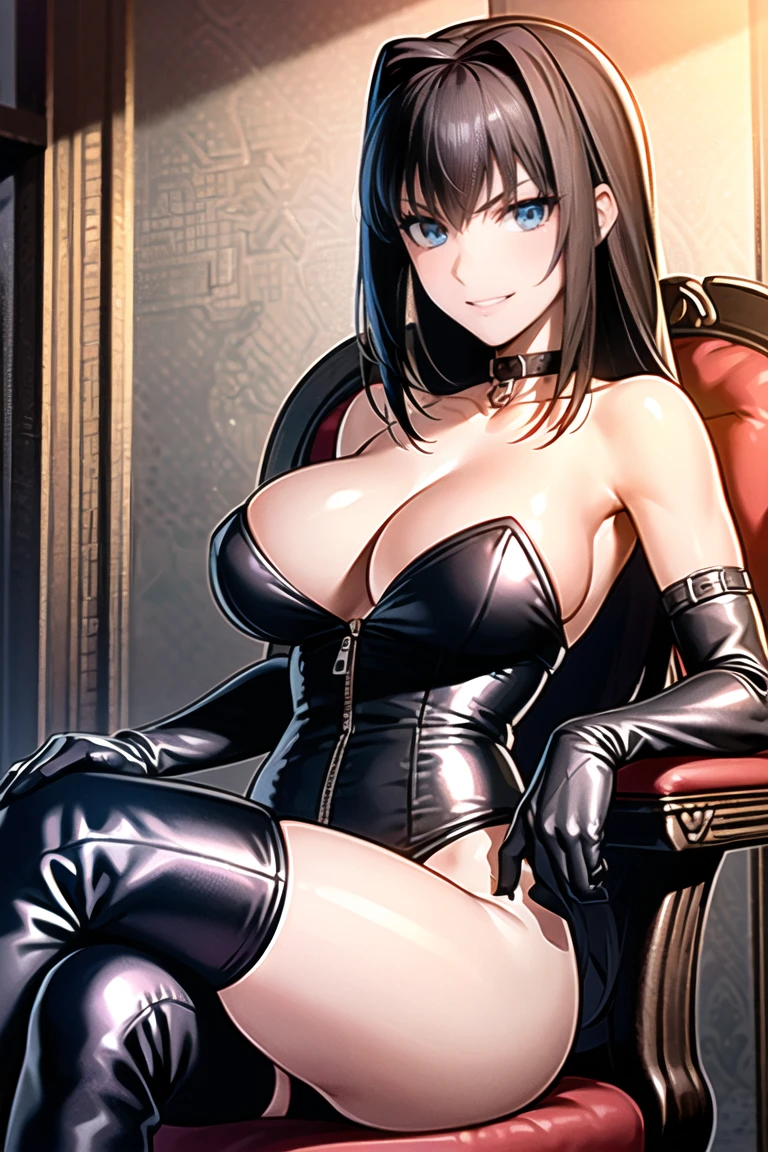 Leaning back in the chair, (((hands on the chair, Leaning on a chair's armrest))), hose, bondatard, latex, heels, harness, blue eyes, brown hair, intake, long hair, masterpiece, best quality, ultra detailed, beautiful, masterwork, ultra high res, super fine illustration, cg unity 8k wallpaper, cleavage, lasts, cowboy shotatrix, black clothes, der, elbow gloves, thigh boots, perfect hands, perfect eyes, ultra detailed beautiful face, gleaming skin, oil skin, shiny skin, sitting, antique chair, throne, mistress, gloves, shiny clothes, adulossed legs))), two legs, both legs, perfect legs, armchair, arms on armchair, bdsm, zipper, corset, gloves, fair skin, fear face, choker, evil grin, dimpled smile, smile broadly, rape face, scary face, full face blush, smug, per proportion, perfect body, perfect anatmy, coy smile, crooked smile, mocking smile, smirk,
