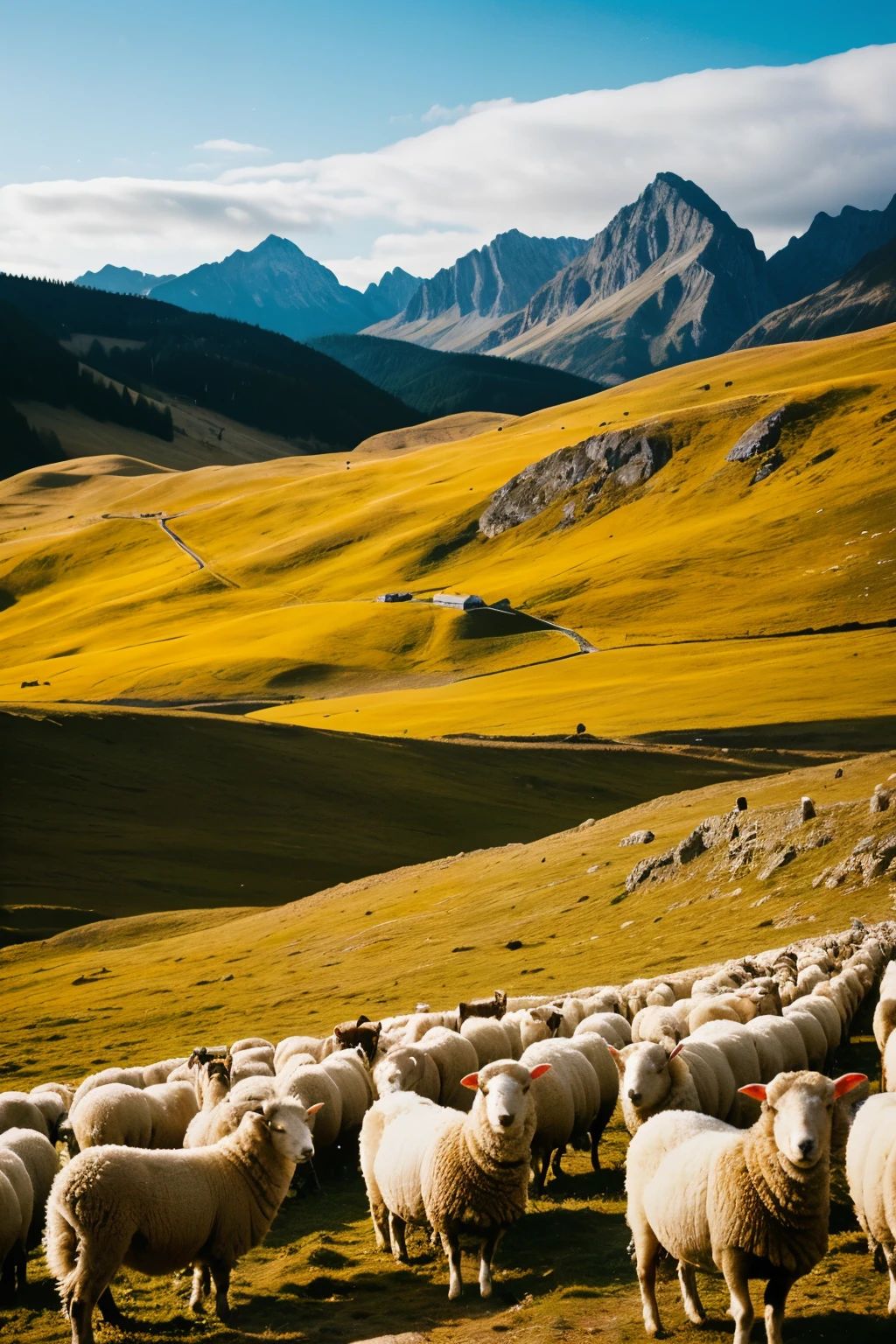 An image with a landscape in the background and with the phrase neither religion nor music make you a better or worse person , I have seen sheep howl like wolves and wolves with the heart of sheep
