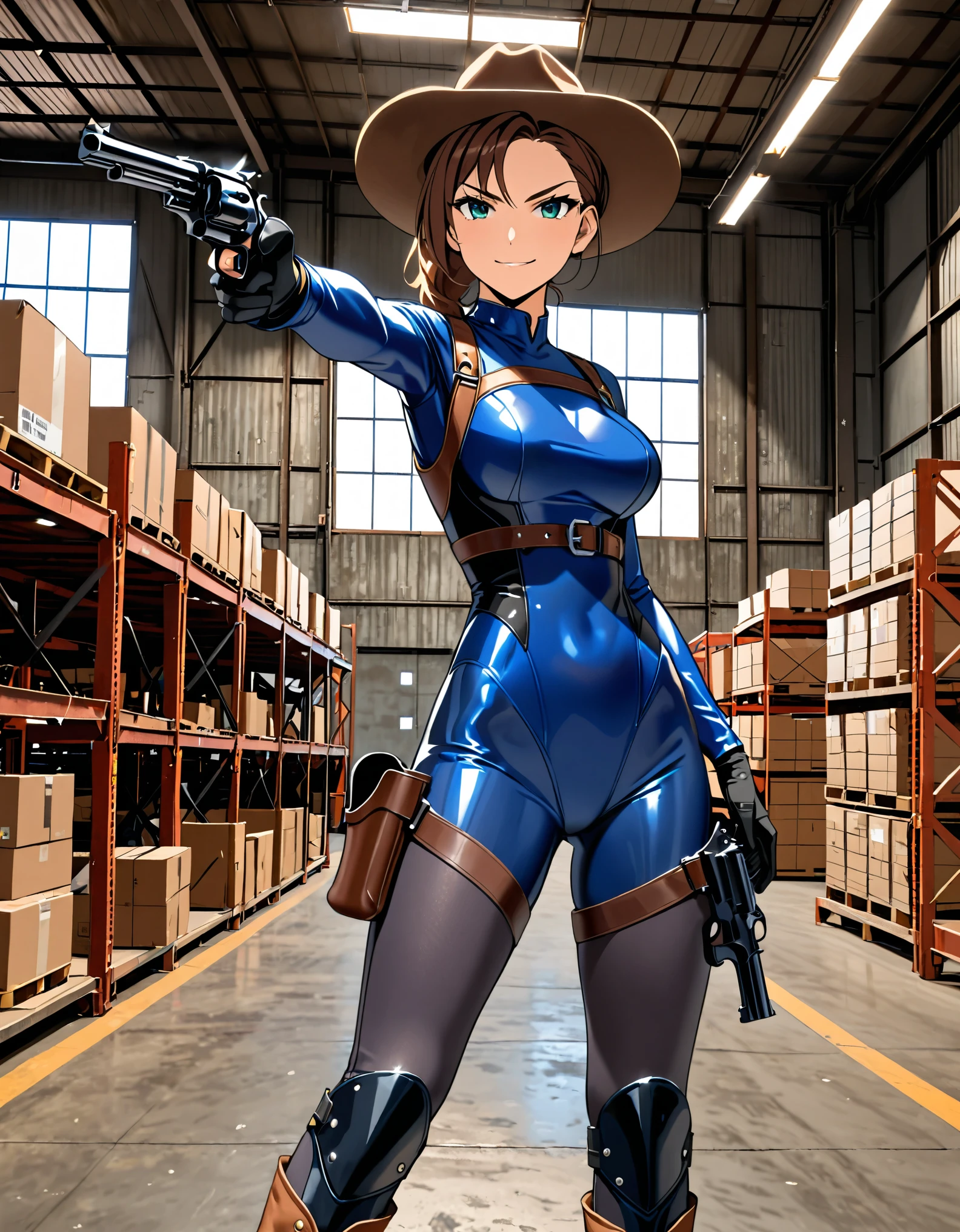 masterpiece, best quality, 1lady, solo, solo focus, (tall body), hispanic, brown hair, short hair, ponytail, blue-green eyes, medium breasts, beautiful detailed eyes, beautiful detailed face, smirk, ((brown cowboy hat)), (bodysuit, (solid blue bodysuit, leotard, dark blue leotard, skin-tight dark grey leggings), perfect fit), long sleeves, (gloves, dark blue gloves, matching gloves, boots, combat boots, dark blue boots, matching boots), drop-down pistol holster, knee pads)), ((pointing pistol at the viewer, revolver)), full body, cowboy shot, empty warehouse, danger atmosphere.