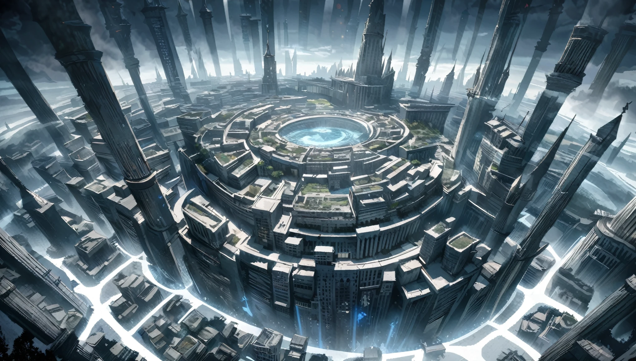 anime aestetics, anime scenery,( unerground city:2), medieval city, shining celling,( blue and grey colours: 2), mystic city, gothic architecture, multy leveled city, elden ring, dark fantasy, dnd, beautiful scenery, nokron, dim light, white candles, wide shot, from above, atmospheric perspective, perspective, highres, best quality, 8k, super detail, masterpiece