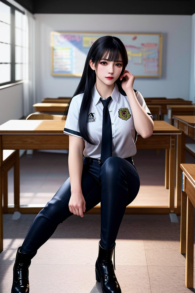 ((best quality)), ((photorealistic)), ((8k)), ((ultra high res)), ((masterpiece)), (detailed), thighs, school shirt, tight pants, boots, fishnet stockings, black hair, oval face, long hair, big breasts, sit in class
