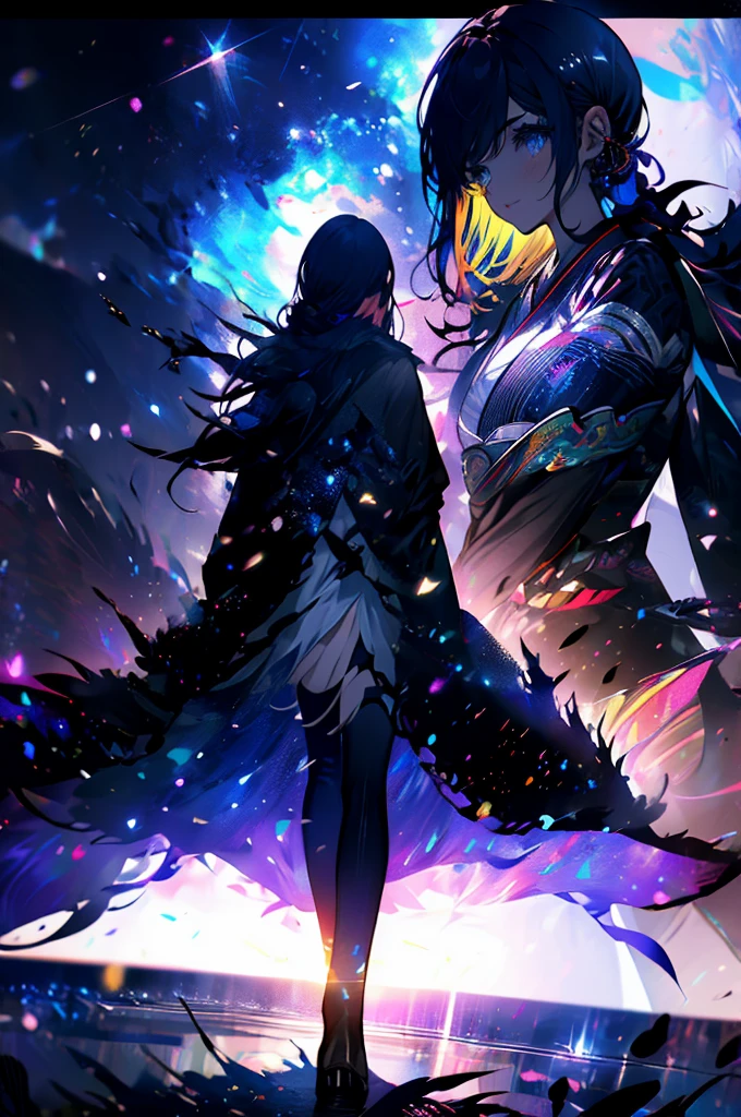 One girl, distant girl wearing a long coat staring at the performer, (Zoom out:1.1), (Meteors:1.2), (comet:1.1),Low - Angle, From behind, Aloura Borealis, shooting star, yukata, Black coat, Standing in the field,Highest quality, masterpiece, cloud,colorful, Starry sky,performer