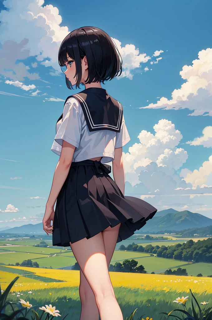 ((Highest quality)), ((masterpiece)), (detailed), One girl,Black Hair，short hair，Sailor suit，blue sky，cumulonimbus，Back view，Gazing into the distance、Japanese countryside、A slope with a view of the sea、Anime Style