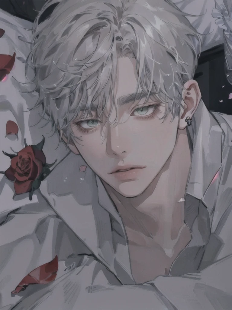 1 Boy, Half-body picture, Portrait, earring, alone,lips, focus man, green eyes, looking at the audience, gray hair, short hair, gag, anime boy lying on the bed with rose petals, wet body, bed, Without any clothes except underwear, High quality fan art, fiery expression, beast, at Pixieve, Official fan art, Pixieve, Detailed fan art, relax, Levi Ackerman, in in the bedroom, relax environment, relax mood, By Shinkei, anime about beauty, relax concept art, wet cartoon boy, with rose petals on the bed, beautiful atmosphere, hot anime boy, cute, beautiful body art, hot pose, beautiful, ใบหน้าbeautiful, cute ใบหน้าbeautiful, big cute eyes, beautiful expression