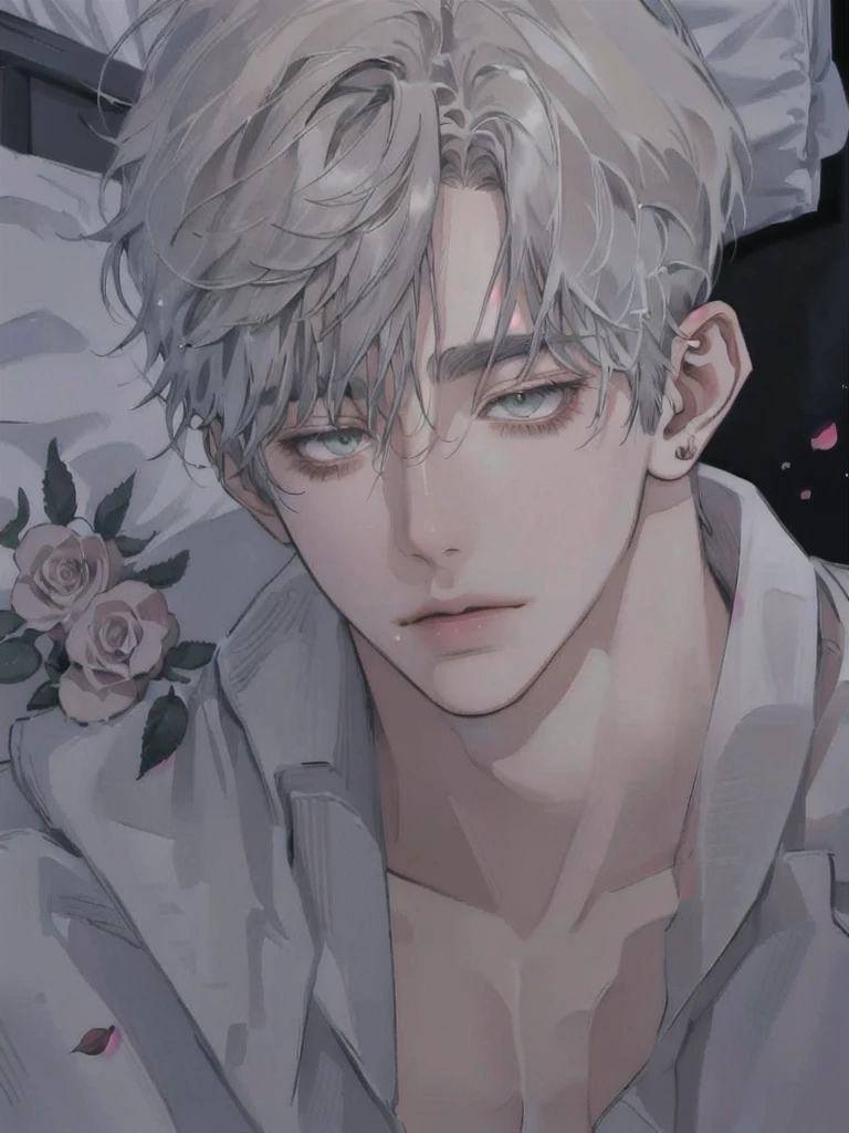 1 Boy, Half-body picture, Portrait, earring, alone,lips,  focus man, green eyes, looking at the audience, gray hair, short hair, gag, anime boy lying on the bed with rose petals, wet body, bed, Without any clothes except underwear, High quality fan art, fiery expression, beast, at Pixieve, Official fan art, Pixieve, Detailed fan art, relax, Levi Ackerman, in in the bedroom, relax environment, relax mood, By Shinkei, anime about beauty, relax concept art, wet cartoon boy, with rose petals on the bed, beautiful atmosphere, hot anime boy, cute, beautiful body art, hot pose, beautiful, ใบหน้าbeautiful, cute ใบหน้าbeautiful, big cute eyes, beautiful expression
