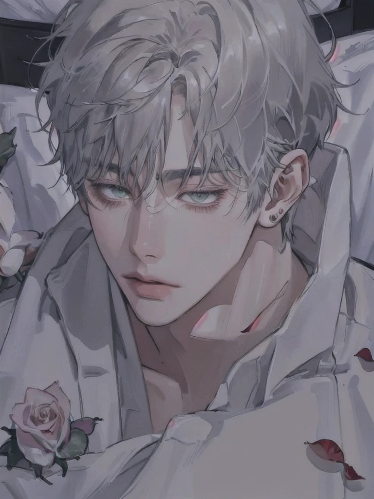 1 Boy, Half-body picture, Portrait, earring, alone,lips, focus man, green eyes, looking at the audience, gray hair, short hair, gag, anime boy lying on the bed with rose petals, wet body, bed, Without any clothes except underwear, High quality fan art, fiery expression, beast, at Pixieve, Official fan art, Pixieve, Detailed fan art, relax, Levi Ackerman, in in the bedroom, relax environment, relax mood, By Shinkei, anime about beauty, relax concept art, wet cartoon boy, with rose petals on the bed, beautiful atmosphere, hot anime boy, cute, beautiful body art, hot pose, beautiful, ใบหน้าbeautiful, cute ใบหน้าbeautiful, big cute eyes, beautiful expression