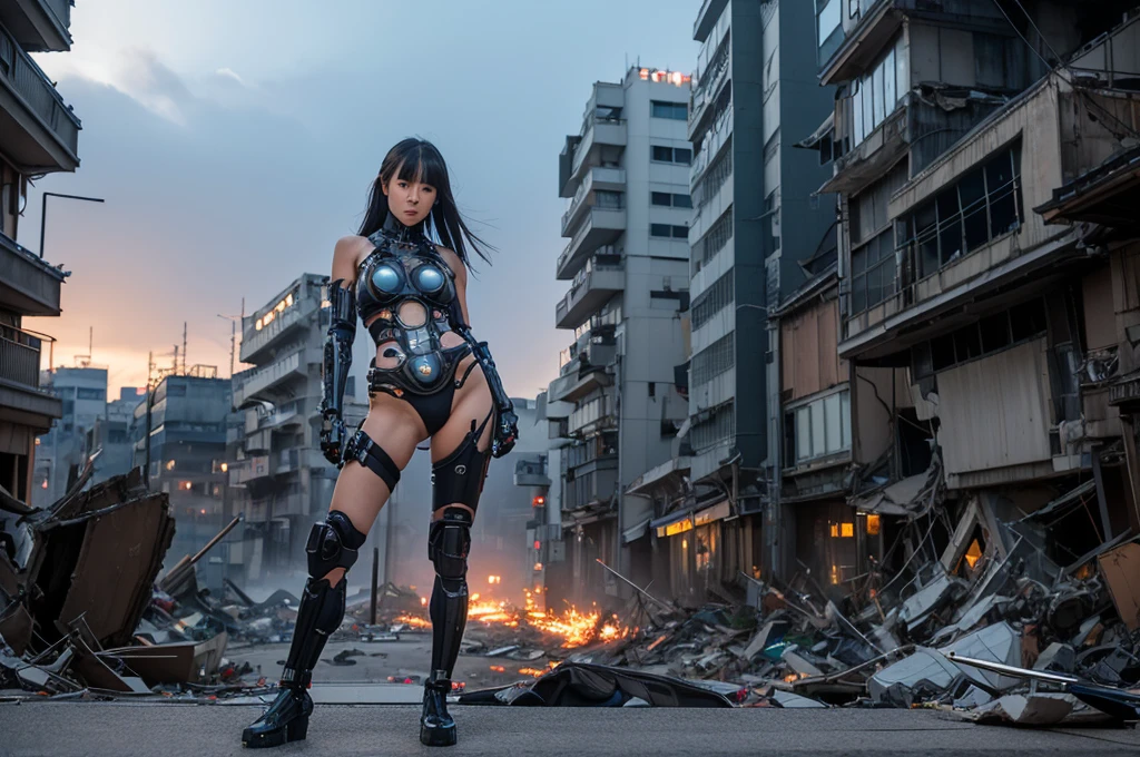 Highest quality,Very sophisticated beautiful Japanese cyborg girl, She spreads her legs and shows her vagina in front of the destroyed, dark and foggy city of Kyoto、Mechanical chest、 Bionic body with futuristic details. (A highly sophisticated cyborg with his arms folded in front of a destroyed city, Bionic body with futuristic details.)