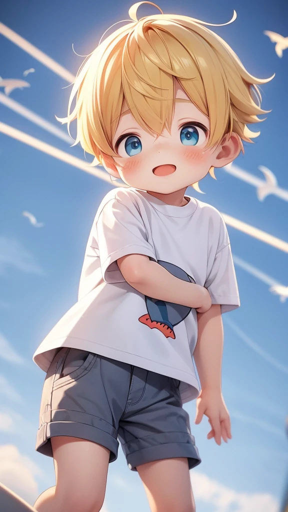 Cute with yellow hair, he is small and cute and is wearing a shirt with a shark design and shorts with polka dots