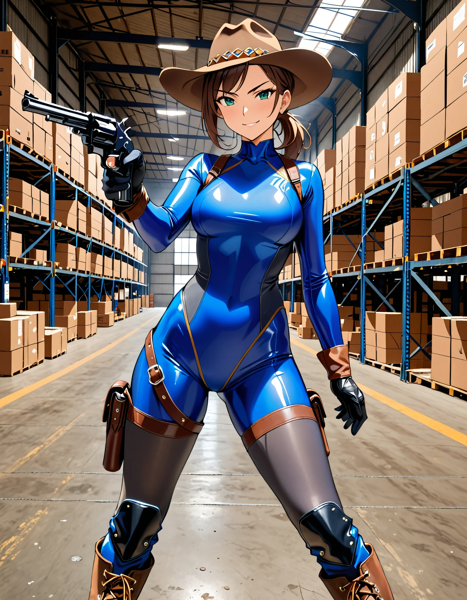 masterpiece, best quality, 1lady, solo, solo focus, (tall body), hispanic, brown hair, short hair, ponytail, blue-green eyes, medium breasts, beautiful detailed eyes, beautiful detailed face, smirk, ((brown cowboy hat)), (bodysuit, (solid blue bodysuit, leotard, dark blue leotard, skin-tight dark grey leggings), perfect fit), long sleeves, (gloves, dark blue gloves, matching gloves, boots, combat boots, dark blue boots, matching boots), drop-down pistol holster, knee pads)), ((pointing pistol at the viewer, revolver)), full body, cowboy shot, empty warehouse, danger atmosphere.