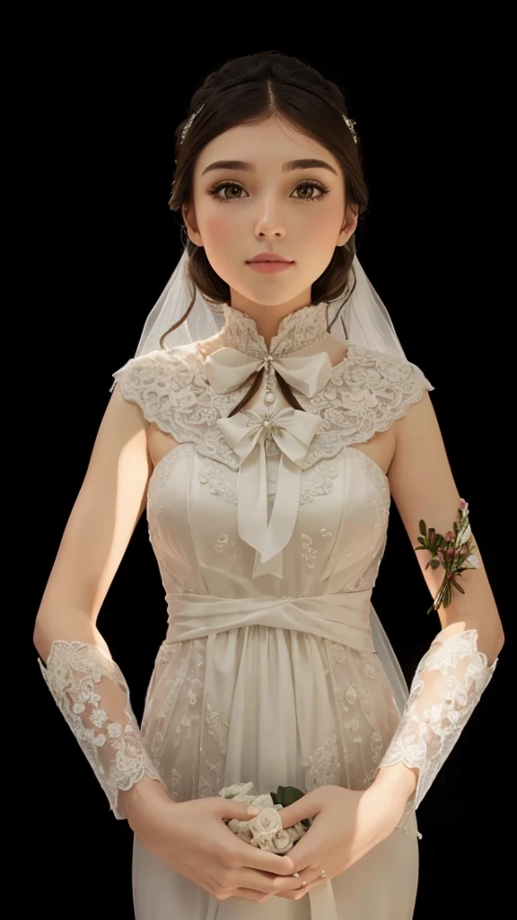 a beautiful girl, with bridal veil, and white wedding dress, with white bouquet of flowers in hand, with straight brown hair.