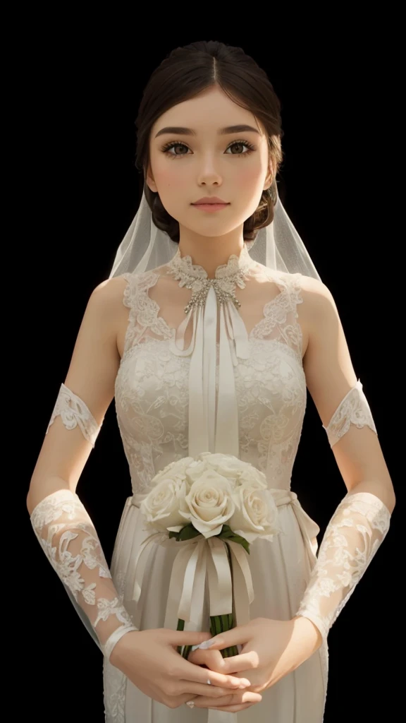 a beautiful girl, with bridal veil, and white wedding dress, with white bouquet of flowers in hand, with straight brown hair.