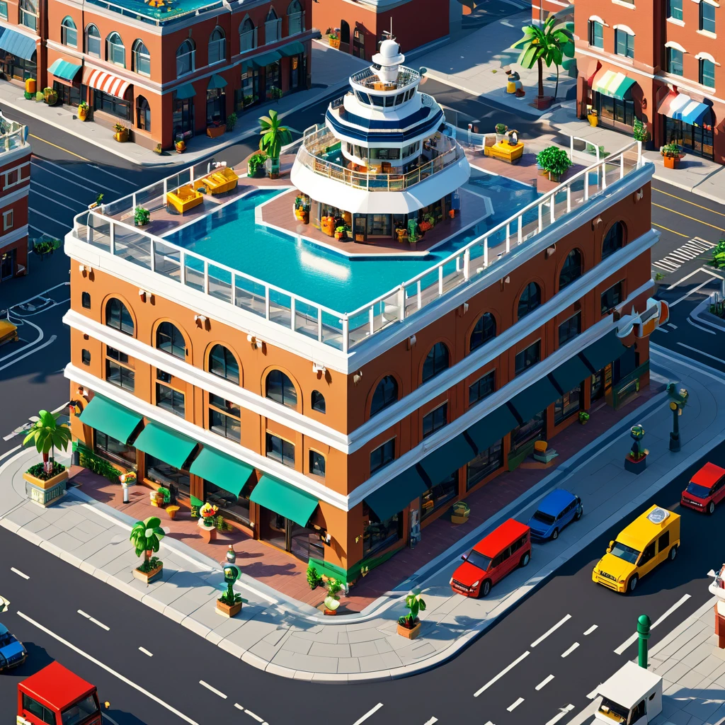 (Isometric Art:1.5)，(high quality，Masterpiece，Octane Rendering，Ray Tracing，Extremely detailed，3d，8K:1.5) ，The art of math，Lego style，port，Cruise Ship，Coffee Shop，supermarket，PARKING LOT，city