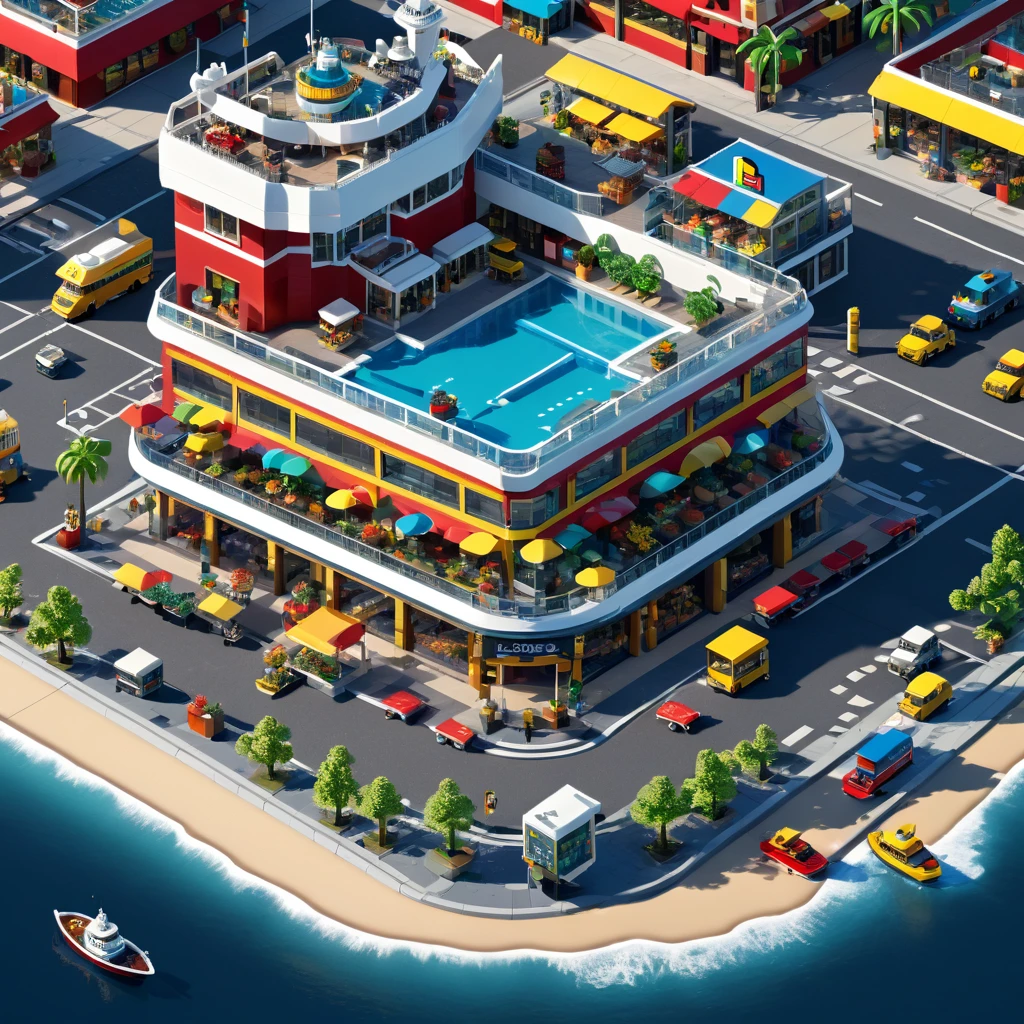 (Isometric Art:1.5),(high quality,Masterpiece,Octane Rendering,Ray Tracing,Extremely detailed,3d,8K:1.5) ,The art of math,Lego style,port,Cruise Ship,Coffee Shop,supermarket,PARKING LOT,city