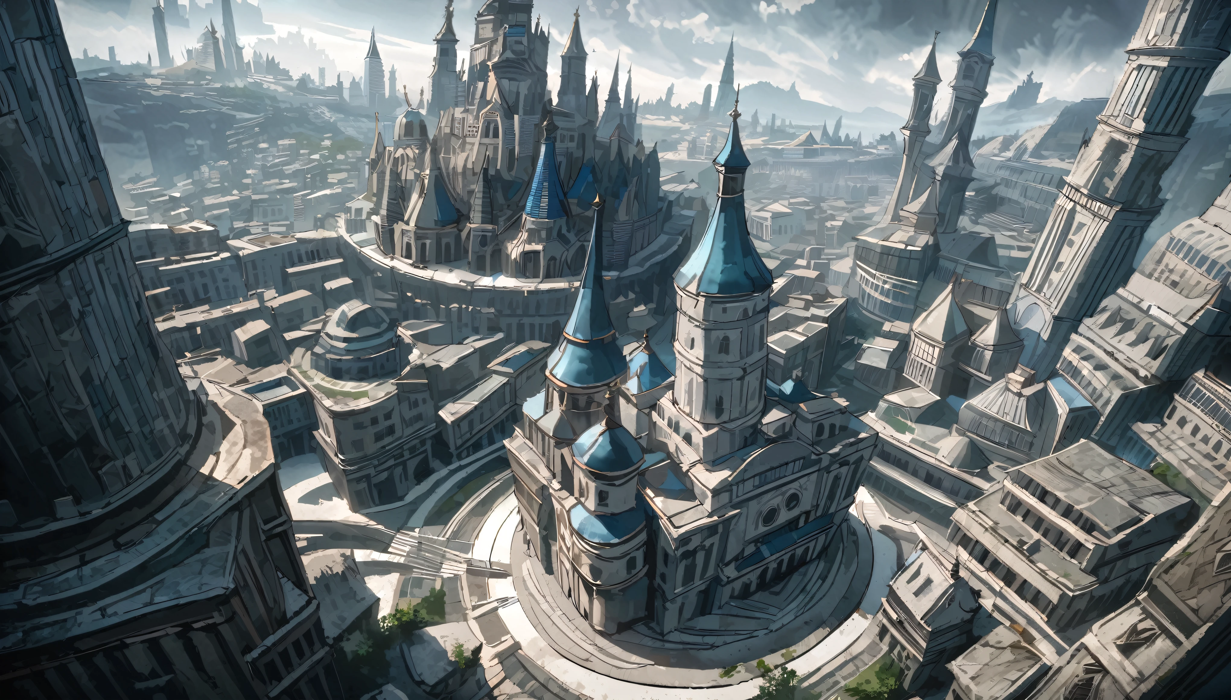 anime aestetics, anime scenery,( unerground city:2), medieval city, shining celling,( blue and grey colours: 2), mystic city, gothic architecture, multy leveled city, elden ring, dark fantasy, dnd, beautiful scenery, nokron, dim light, white candles, wide shot, from above, atmospheric perspective, perspective, highres, best quality, 8k, super detail, masterpiece