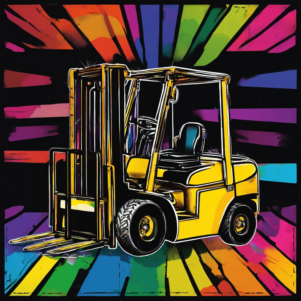 a simple forklift, extremely detailed forklift front, 2 metal forks in front, black background, sparkling