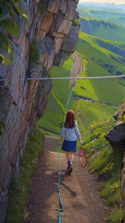 A girl walking along a rope stretched between cliffs,Completely naked