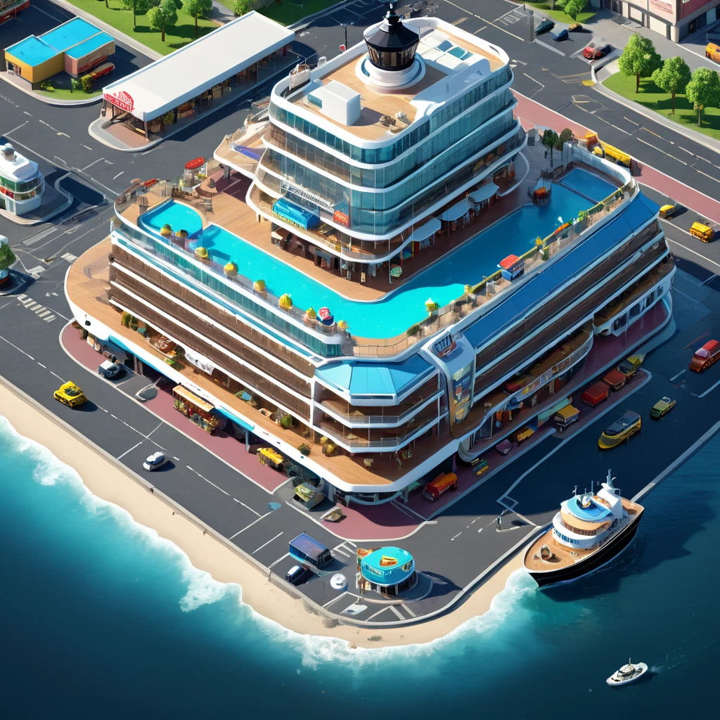 (Isometric Art:1.5),(high quality,Masterpiece,Octane Rendering,Ray Tracing,Extremely detailed,3d,8K:1.5) ,The art of math,port,Cruise Ship,Coffee Shop,supermarket,PARKING LOT,city