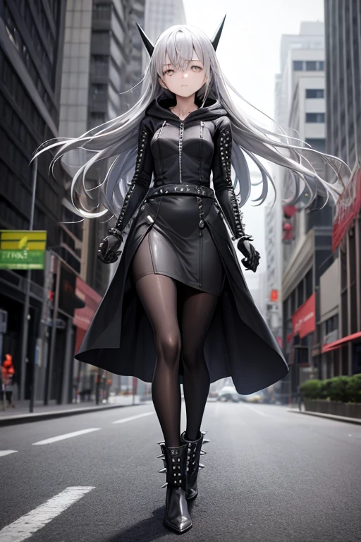 ((best quality)), ((masterpiece)), (detailed), 1 girl, Full body, 18 years old, Depressed face, Silver eyes, Arms outstretched, Eyes covered, Silver hair, Long hair, Spiky hair, Bangs, Strand of hair covering eye, Full body, Very tall, Athletic, Small breasts, Slim, Gray zippered hood, Metal spikes, Gray wristbands, Long black spiked gloves, Gray Gothic dress, Gray dress with metal spikes, Metal emblem, Tight fit, Black belt, Black pantyhose, Black boots, Walking through the city, Metal spikes coming out of the highway, City background, Gray clothes, Superhero, Anime