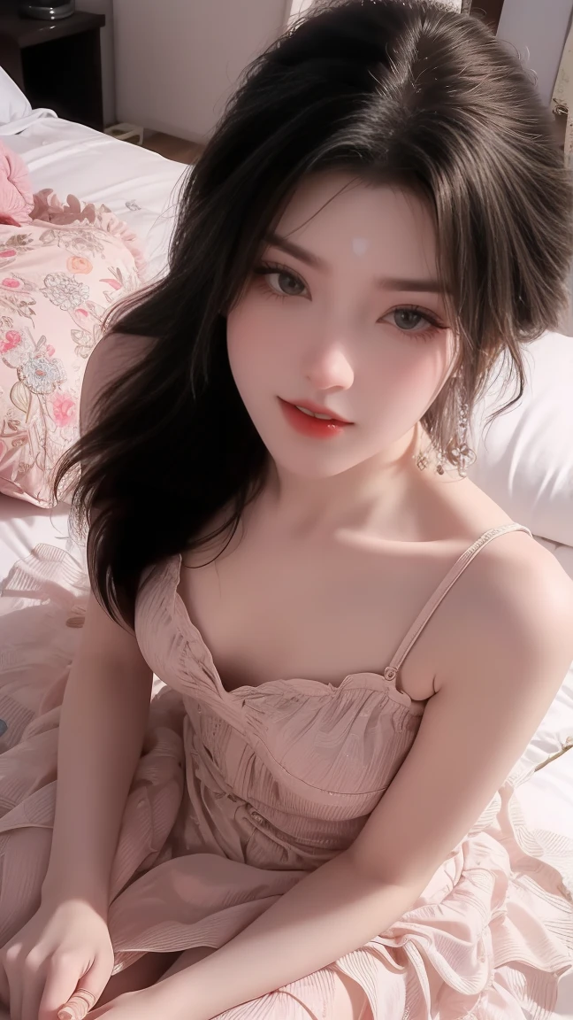 1girl, cheerful girl, carefree and happy, smiling, laughing, The girl is wearing a beautiful dress, the girl's eyes are bright and sparkling, very beautiful, cute and sweet, the girl was in the bedroom 