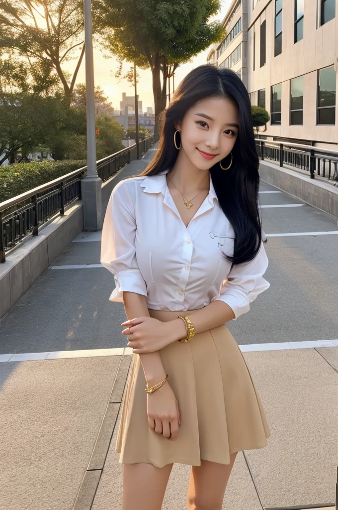 Rooftop of university building, 4th year university student, ((full body)), ((photo)), ((best qualtiy, 8K, tmasterpiece:1.3)), Focus:1.2, perfect figure beautiful girl:1.4, 1girl, cowboy shot, look at viewer, eyes facing the camera, incredibly absurd, beautiful and cute girl with a photorealistic face, showcasing top-quality craftsmanship, A Japanese girl watching the sunset on the roof of a university building, 19 years old, long, straight, silky black hair, fair skin, big eyes, thin eyebrows, double eyelids, long eyelashes, pink lips, smile, devilish smile, gorgeous features, well-defined facial features, beautiful face line, mysterious beauty, slender, tall, well-balanced proportions, large E-cup breasts, white shirt, tight black skirt, beige pumps, gold necklace and bracelet, small earrings, elegant ring, pretty girl, beauty, devilish type, pretty older sister, passionate about art, sociable, friendly, positive, has leadership skills, is proactive, is flexible, gets things done efficiently, works hard towards dreams and goals, March