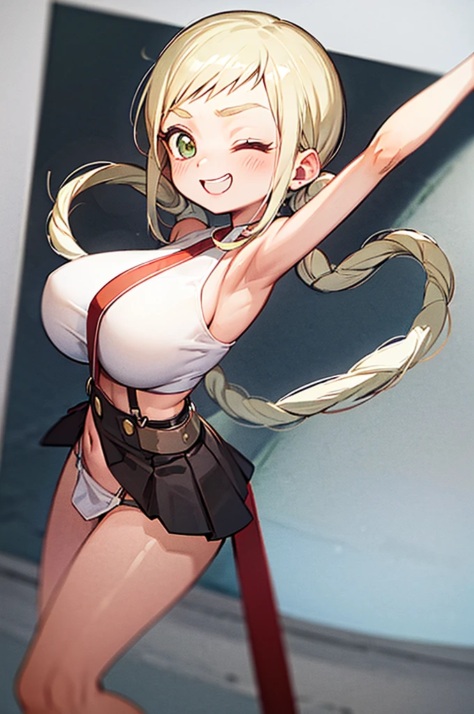 ojaskmmkcs, winking, one eye closed, standing, smile, simple background, adult, huge breasts, g-string bikini:1.2, nude, blush, energetic pose