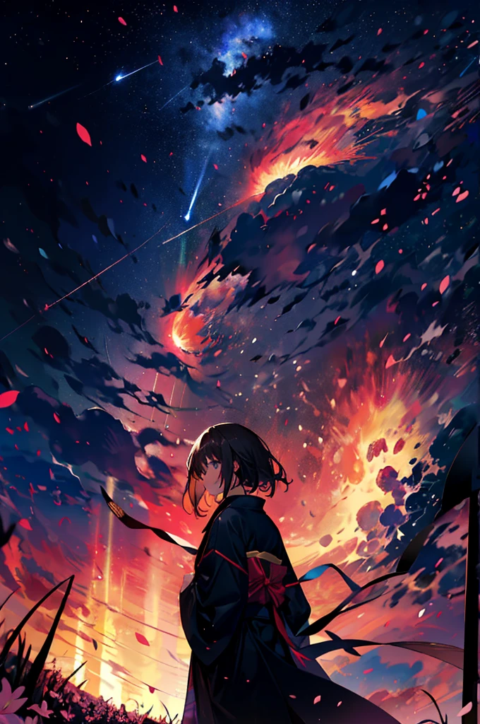 One girl, distant girl wearing a long coat staring at the performer, (Zoom out:1.1), (Meteors:1.2), (comet:1.1),Low - Angle, From behind, Aloura Borealis, shooting star, yukata, Black coat, cherry blossoms, Standing in the field,Highest quality, masterpiece, cloud,colorful, Starry sky,performer