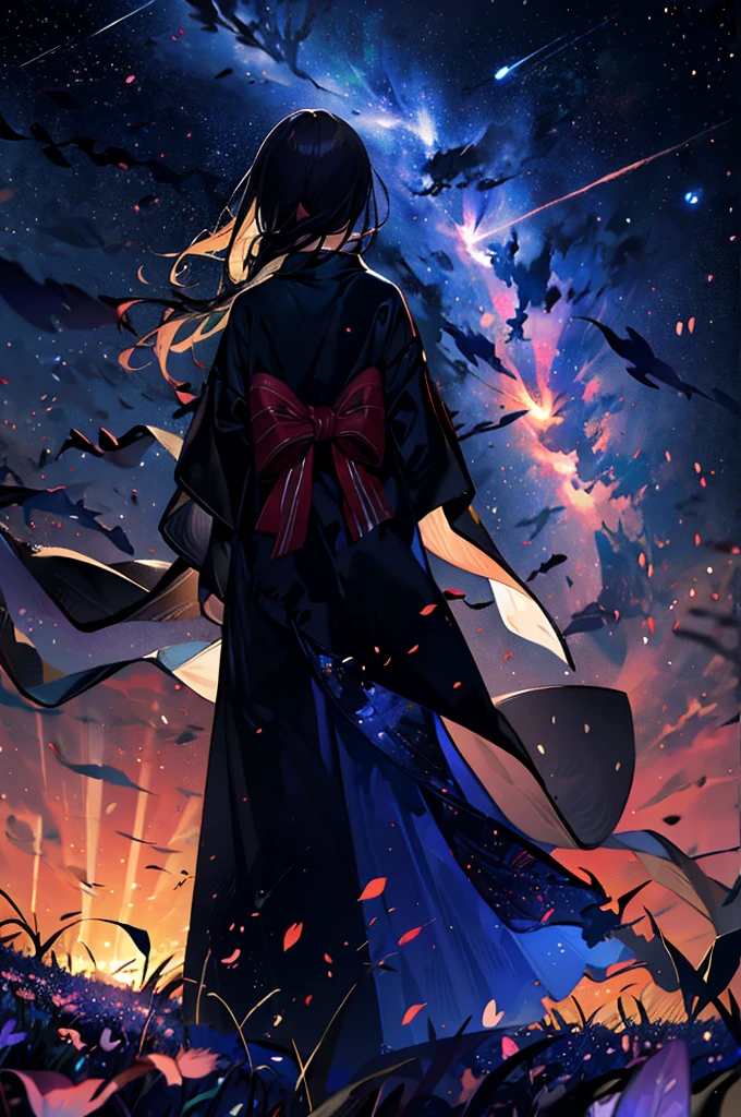One girl, distant girl wearing a long coat staring at the performer, (Zoom out:1.1), (Meteors:1.2), (comet:1.1),Low - Angle, From behind, Aloura Borealis, shooting star, yukata, Black coat, cherry blossoms, Standing in the field,Highest quality, masterpiece, cloud,colorful, Starry sky,performer