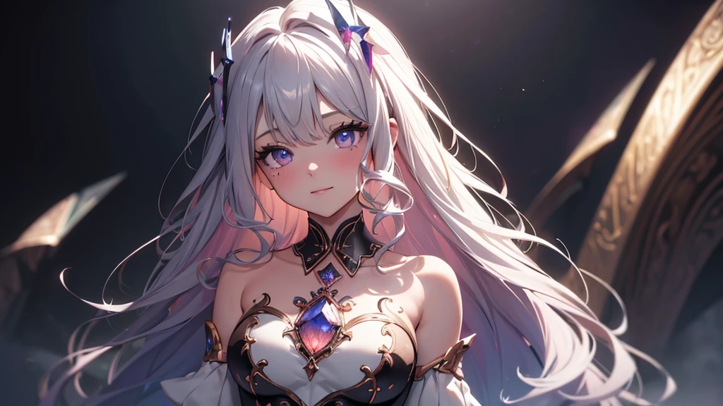 (masterpiece), 8k cg, stunningly beautiful girl, intricate details, chromatic aberration, ((bust shot)), ((looking at viewer)), 1girl, (KosekiBijou, hair ornament, white dress, strapless dress, crystal, detached sleeves, asymmetrical sleeves), extremely beautiful and delicate portrait, smile, blush, makeup, absurdres, cinematic lighting, dynamic lighting, fantasy, ((dark background, fog))