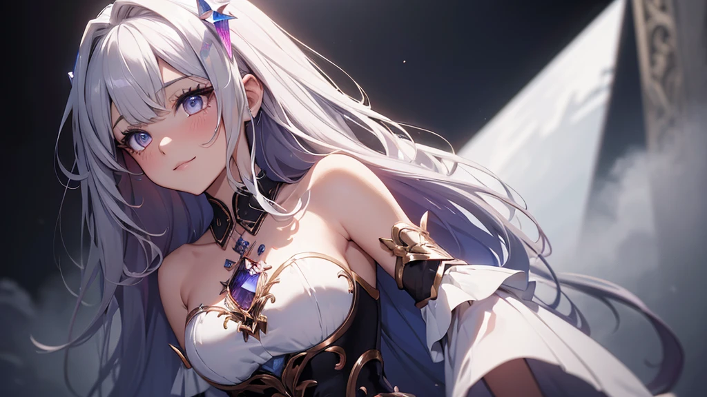 (masterpiece), 8k cg, stunningly beautiful girl, intricate details, chromatic aberration, ((bust shot)), ((looking at viewer)), 1girl, (KosekiBijou, hair ornament, white dress, strapless dress, crystal, detached sleeves, asymmetrical sleeves), extremely beautiful and delicate portrait, smile, blush, makeup, absurdres, cinematic lighting, dynamic lighting, fantasy, ((dark background, fog))