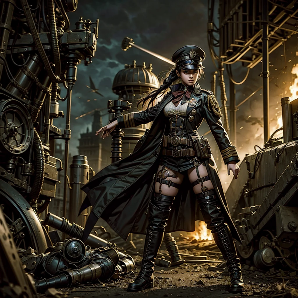 A military girl in a steampunk uniform in a gothic battlefield fighting against surreal creatures