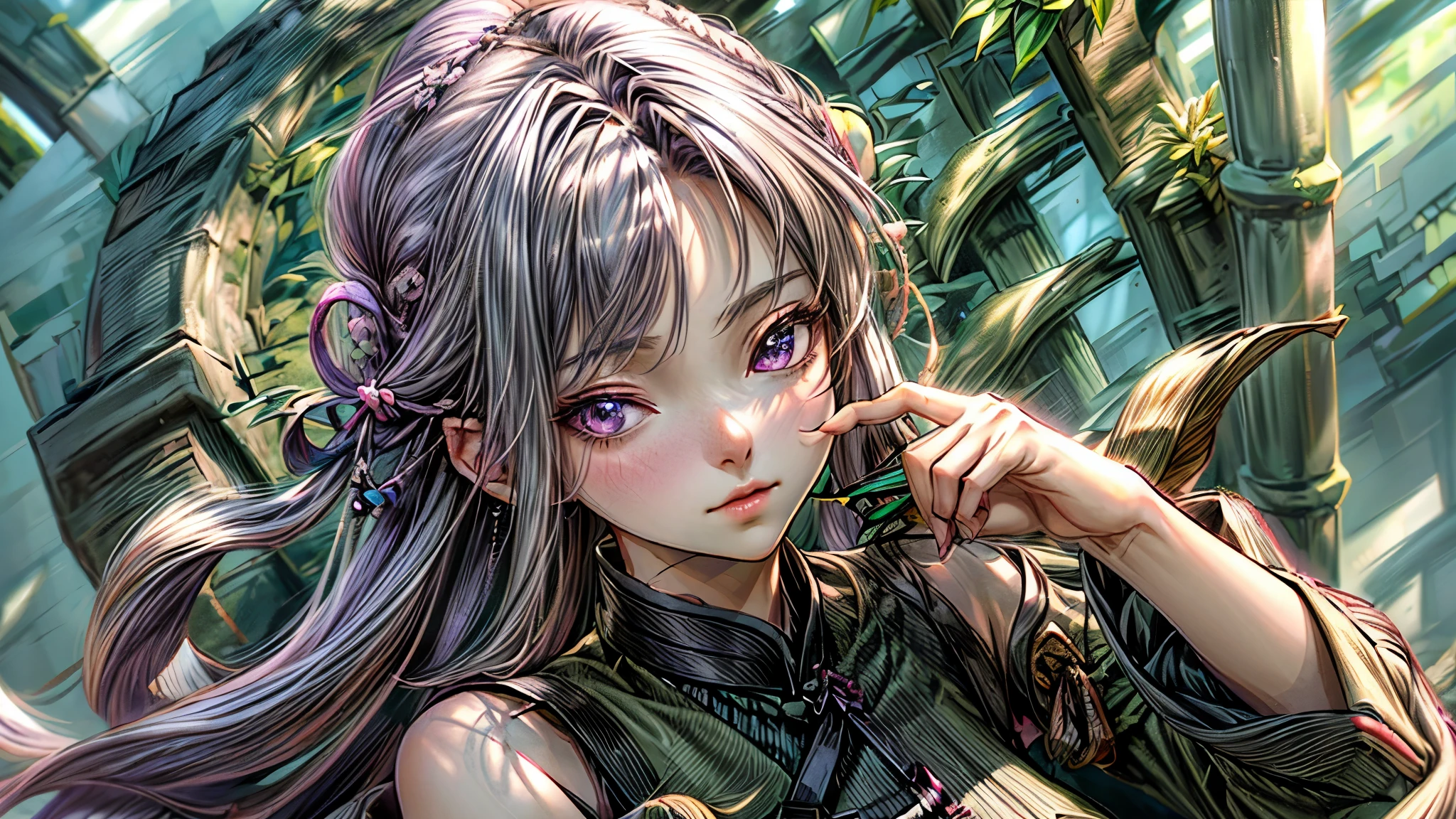 (aerial view), mature woman, 1 girl, (Masterpiece, Best Quality, ultra detailed), sharp focus, detailed face, facial focus, Extremely detailed eyes, wide, crown braid, hair over the shoulder, (Silver and purple hair:1.3), purple eyes, long eyelashes, (drunk:1.2), Delicate makeup, big breasts, ((pink and white intricate dress, bare shoulders, neckline)), ((Twilight, holding sake in one hand, bamboo shoots background, grass, green particles surround, breeze)), cinematic lighting, edge ray, ray tracing, shadow, Dynamic Angle