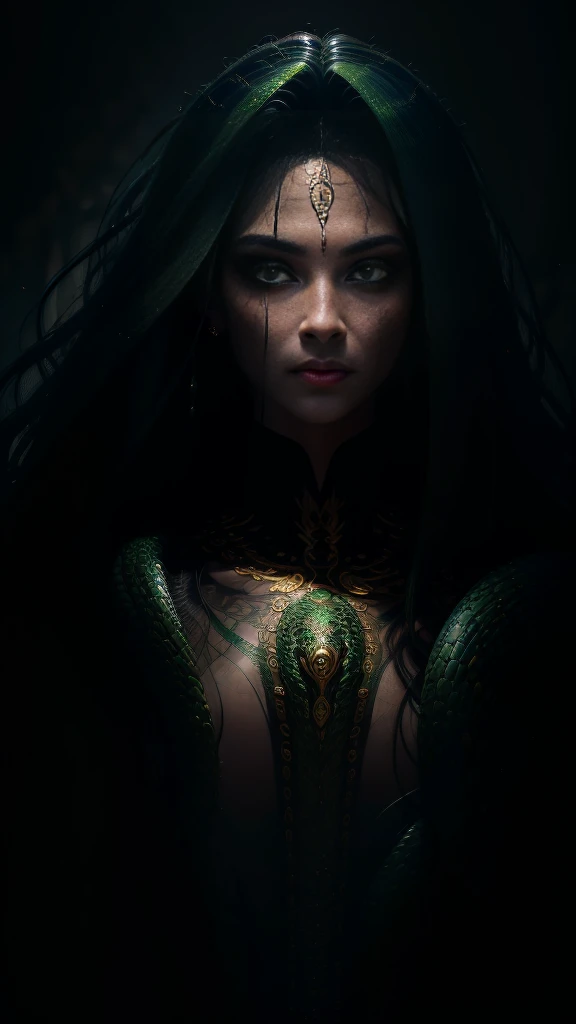 ((best quality)), ((masterpiece)), ((realistic)), Medusa, full body, the hair is composed of countless small snakes, green eyes, female face, metal carved top, royal aura, trend on artstation , sharp focus, studio photo, intricate detail, very detailed, detailed eye, illustration, very detailed, sharp focus, digital render, professional, 4k
