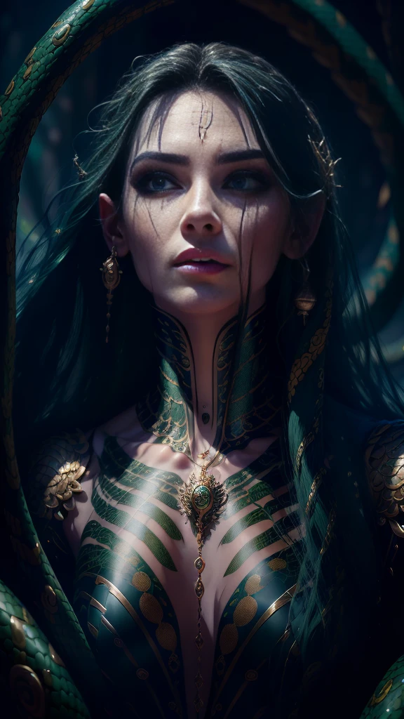 ((best quality)), ((masterpiece)), ((realistic)), Medusa, full body, the hair is composed of countless small snakes, green eyes, female face, metal carved top, royal aura, trend on artstation , sharp focus, studio photo, intricate detail, very detailed, detailed eye, illustration, very detailed, sharp focus, digital render, professional, 4k