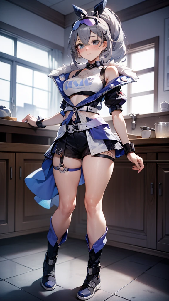 (full body),silverwolf、blush,smile、Combat Uniform、Please show me your armpits、Shoulder Bare、The clavicle is visible、Sexy thighs,Knee-high boots、Usual hairstyle、Highest quality, High resolution, unity 8k wallpaper, (shape:0.8), (Beautiful and beautiful eyes:1.6), Highly detailed face, Perfect lighting, Highly detailed CG, (Perfect hands, Perfect Anatomy),