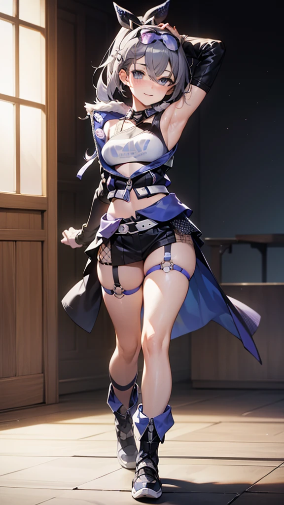 (full body),silverwolf、blush,smile、Combat Uniform、Please show me your armpits、Shoulder Bare、The clavicle is visible、Sexy thighs,Knee-high boots、Usual hairstyle、Highest quality, High resolution, unity 8k wallpaper, (shape:0.8), (Beautiful and beautiful eyes:1.6), Highly detailed face, Perfect lighting, Highly detailed CG, (Perfect hands, Perfect Anatomy),