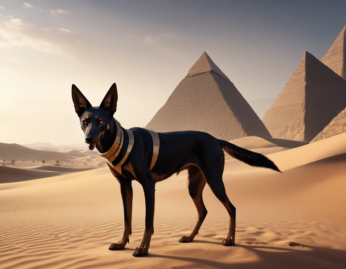 full body portrait of a black jackal, anubis, pharaoh hound hybrid beast, dark red eyes, mysterious desert scenery, fantasy, dark fantasy, full body, cinematic, render, 8k, unreal engine, realistic, masterpiece, high detail, full body, low life, volumetric lighting